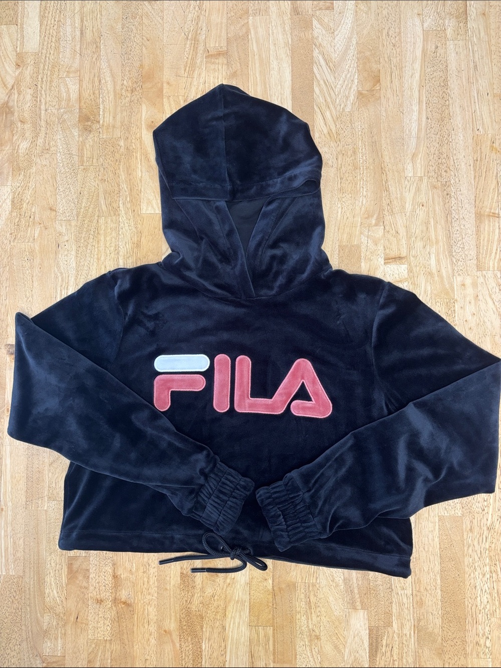 FILA Aitana Black Velour Velvet Cropped Drawstring Hoodie Sweatshirt Size M